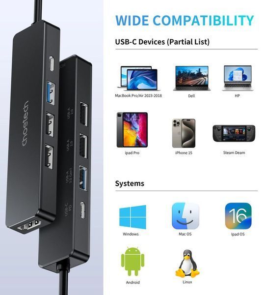 Адаптер Choetech HUB-M80-BK, USB Type-C 5-в-1 HUB-M80-BK фото