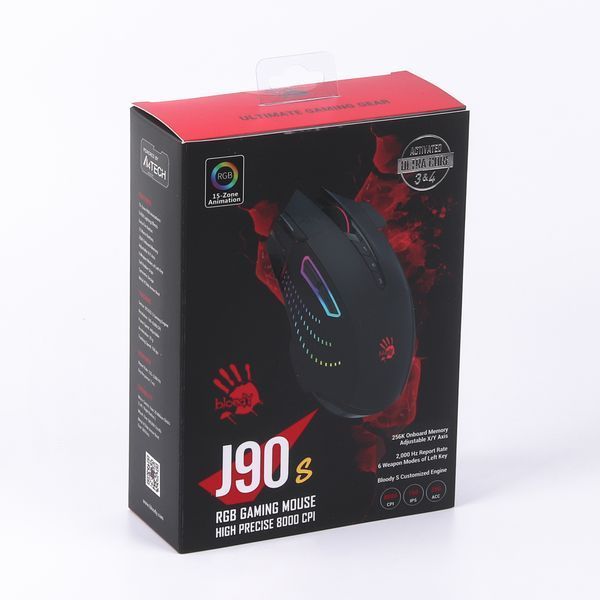 Миша ігрова J90s Bloody (Black), 8000 CPI, RGB, 20 млн. натискань, чорний, Extra Fire Button J90s Bloody (Black) фото