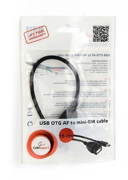 Кабель-адаптер USB OTG Cablexpert A-OTG-AFBM-002 для пристроїв, AF - Mini BM, 0.15 м. A-OTG-AFBM-002 фото